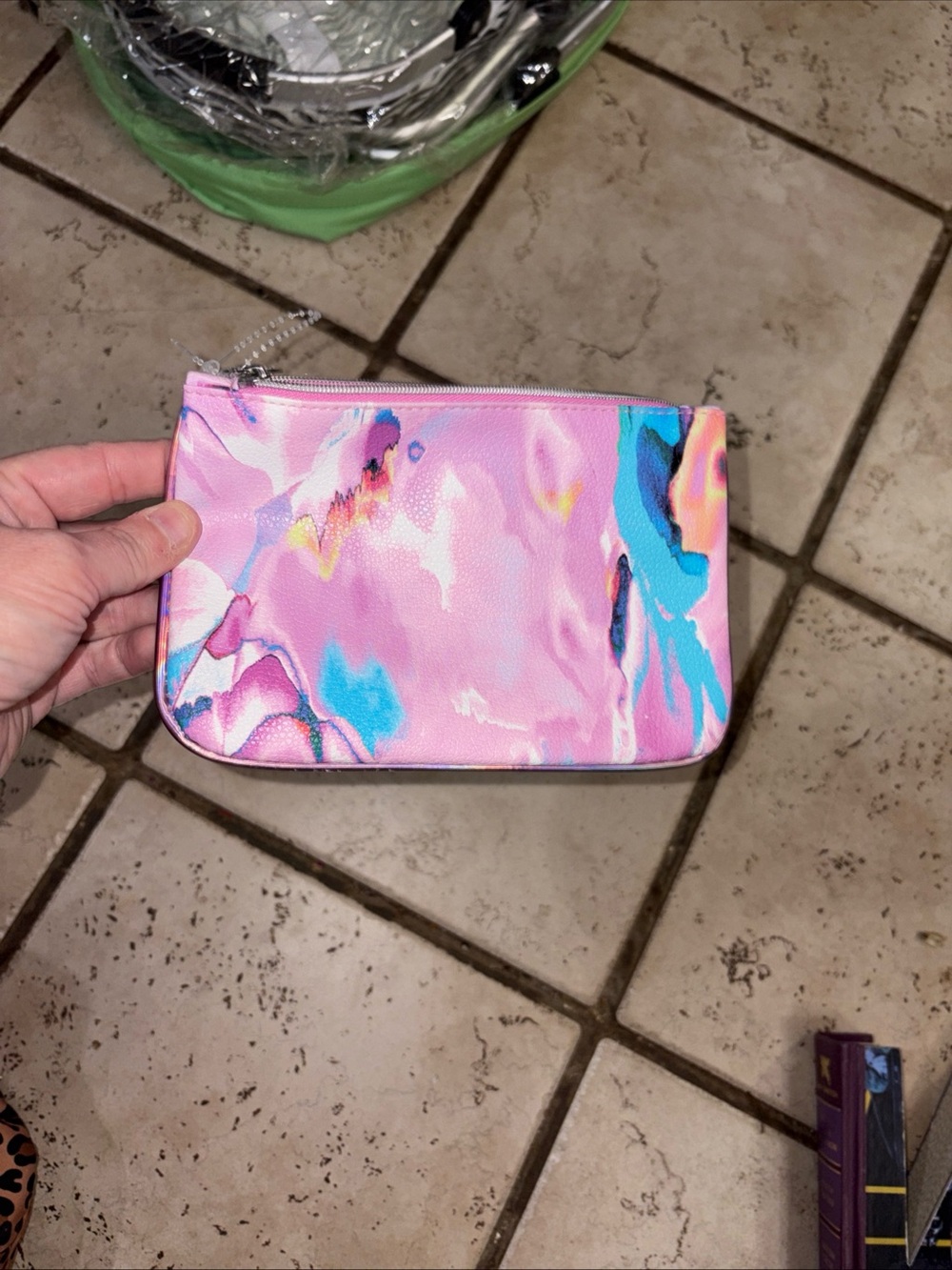 ipsy Pink Marble-Print Cosmetic Pouch with Blue & Purple Accents